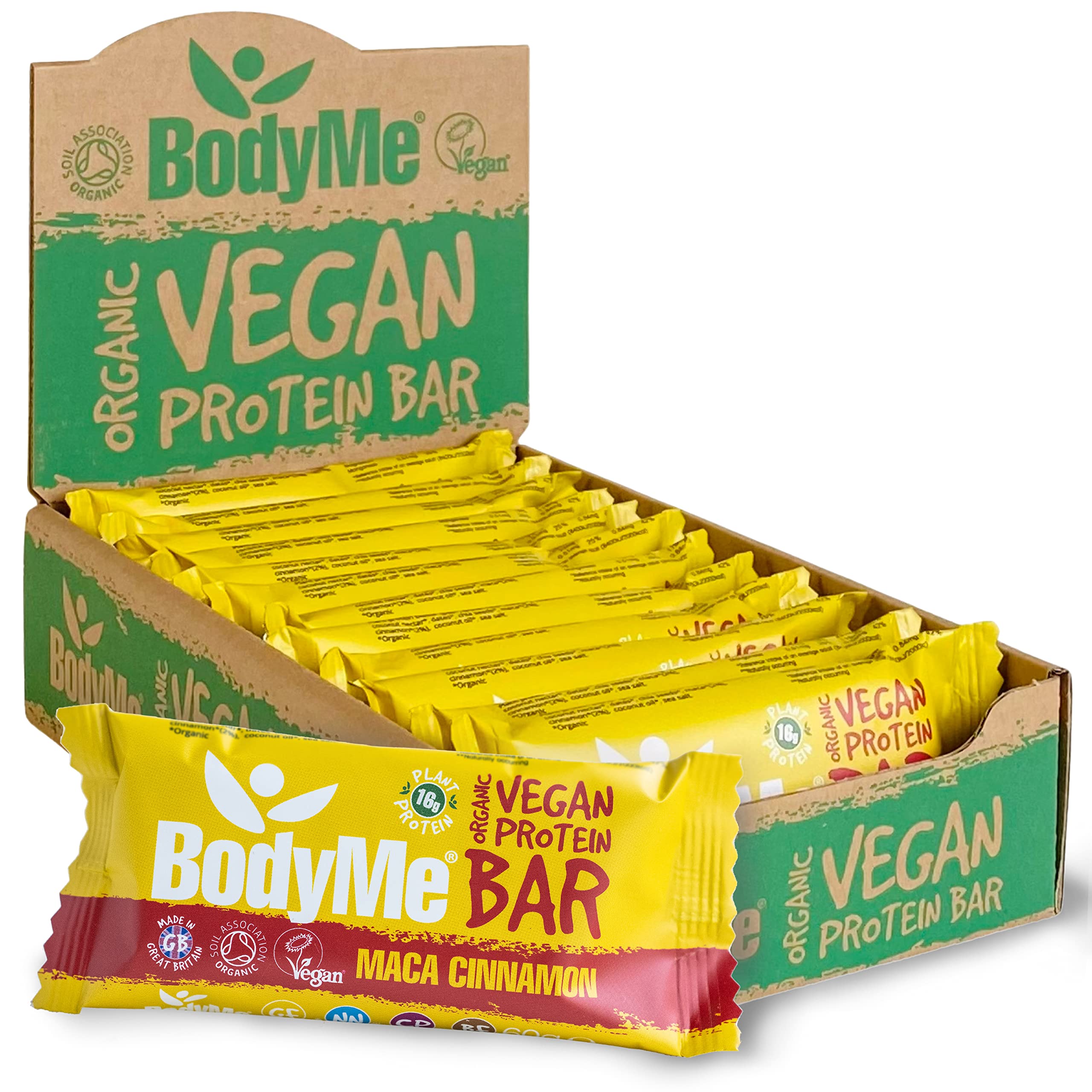 BodyMe Organic Vegan Protein Bar | Raw Maca Cinnamon | 12 x 60g Protein Snack Bars | Gluten Free | 16g Complete Protein | 3 Plant Proteins with All Essential Amino Acids | High Protein Vegan Snacks