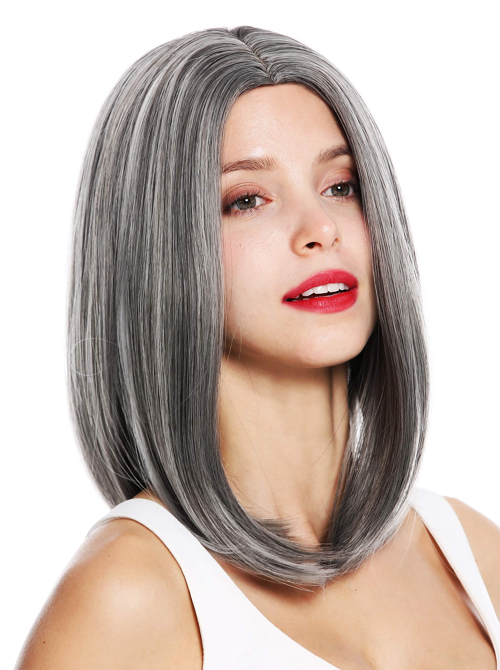 WIG ME UP - 1960 women's quality wig shoulder length sleek middle parting grey mottled highlights