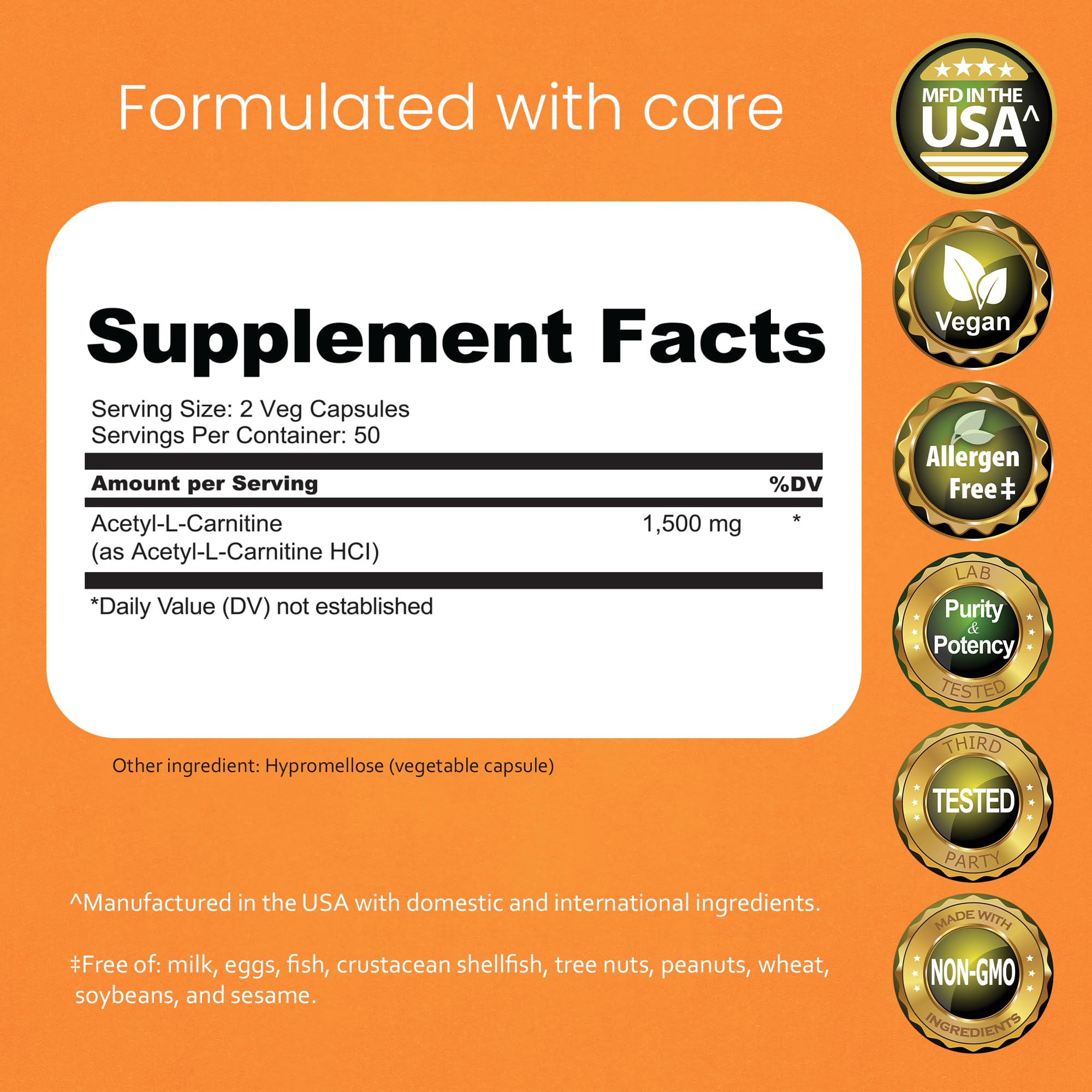 Acetyl L-Carnitine (ALCAR) 1500 mg per Serving – 100 Capsules – Non-GMO, Gluten-Free, Vegan