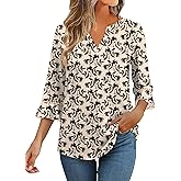 Bashafo 3/4 Length Sleeve Womens Tops Summer Ruffle Sleeve Blouses V-Neck Lace T-Shirts Dressy Casual