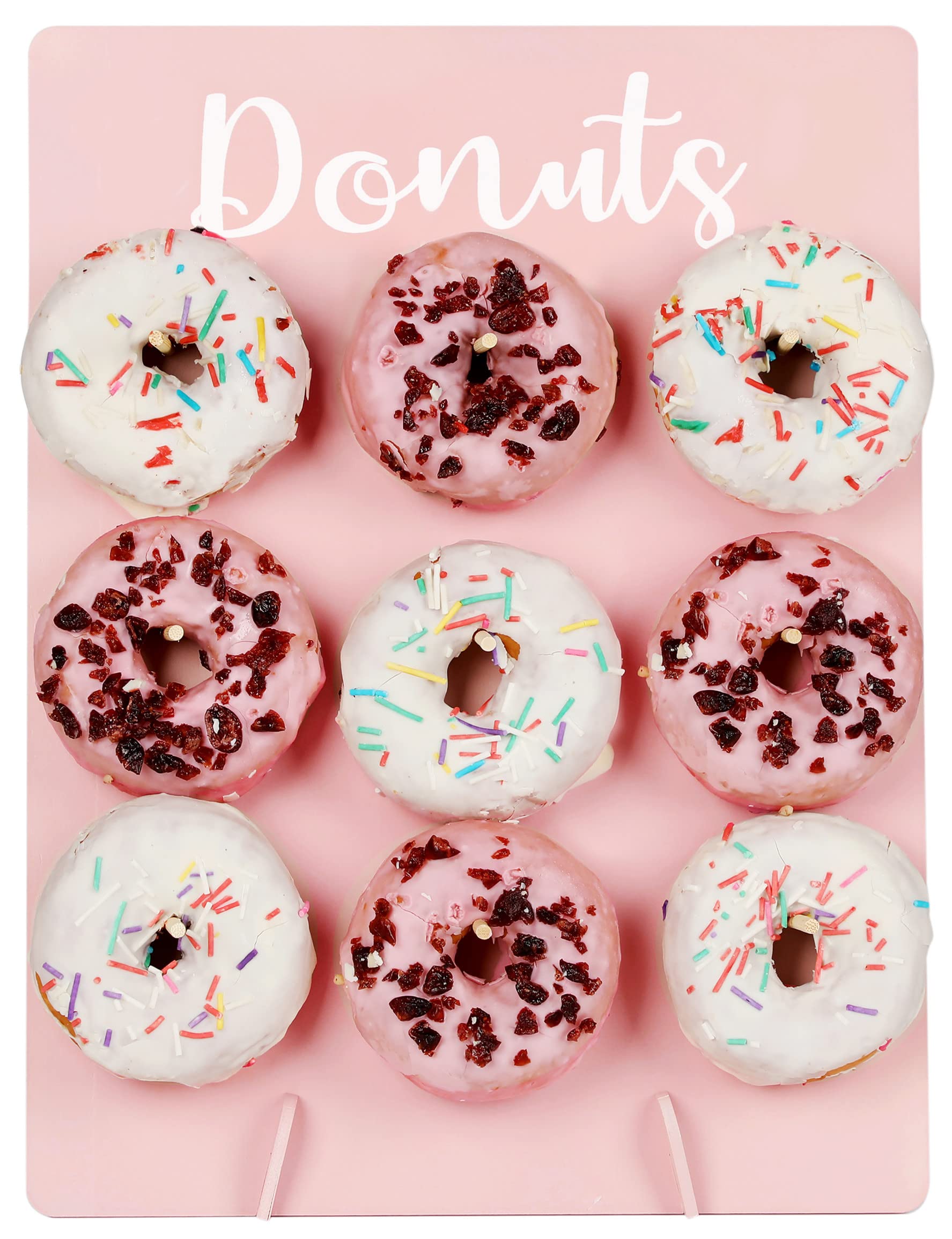 Photo 1 of ??Donut Stand for Party, Donut Wall Holders for Table, Reusable Wood Doughnut Pegboard for Baby Showers, Bridal Shower, Birthday, Wedding, Holds 9 Donuts