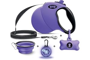 Ruff 'N Ruffus 360° Tangle-Free 16 ft Retractable Dog Leash For Pets Up To 110 lbs + FREE Travel Bowl + FREE Waste Bag Dispenser & 15 Bags + FREE LED Charm | Reflective Tape Easy Lock Anti Slip Handle