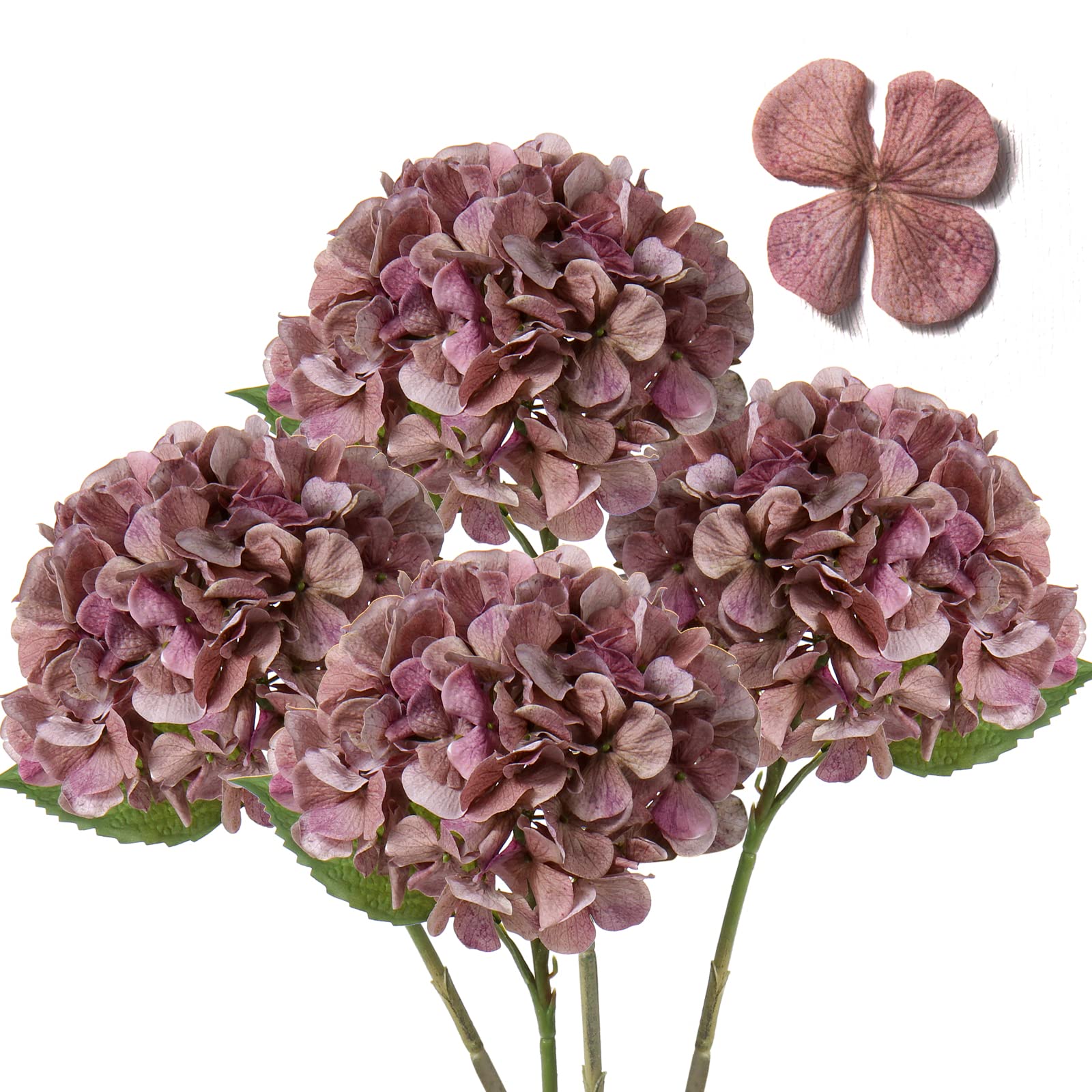 Hollyone 4 pcs Pink Grey Hydrangea Artificial Flowers with 16.9'' Long Stem, Fake Flowers Dried Flowers, Artificial Hydrangea Plants for Kitchen, Home Decor, Party, Wedding Decorations