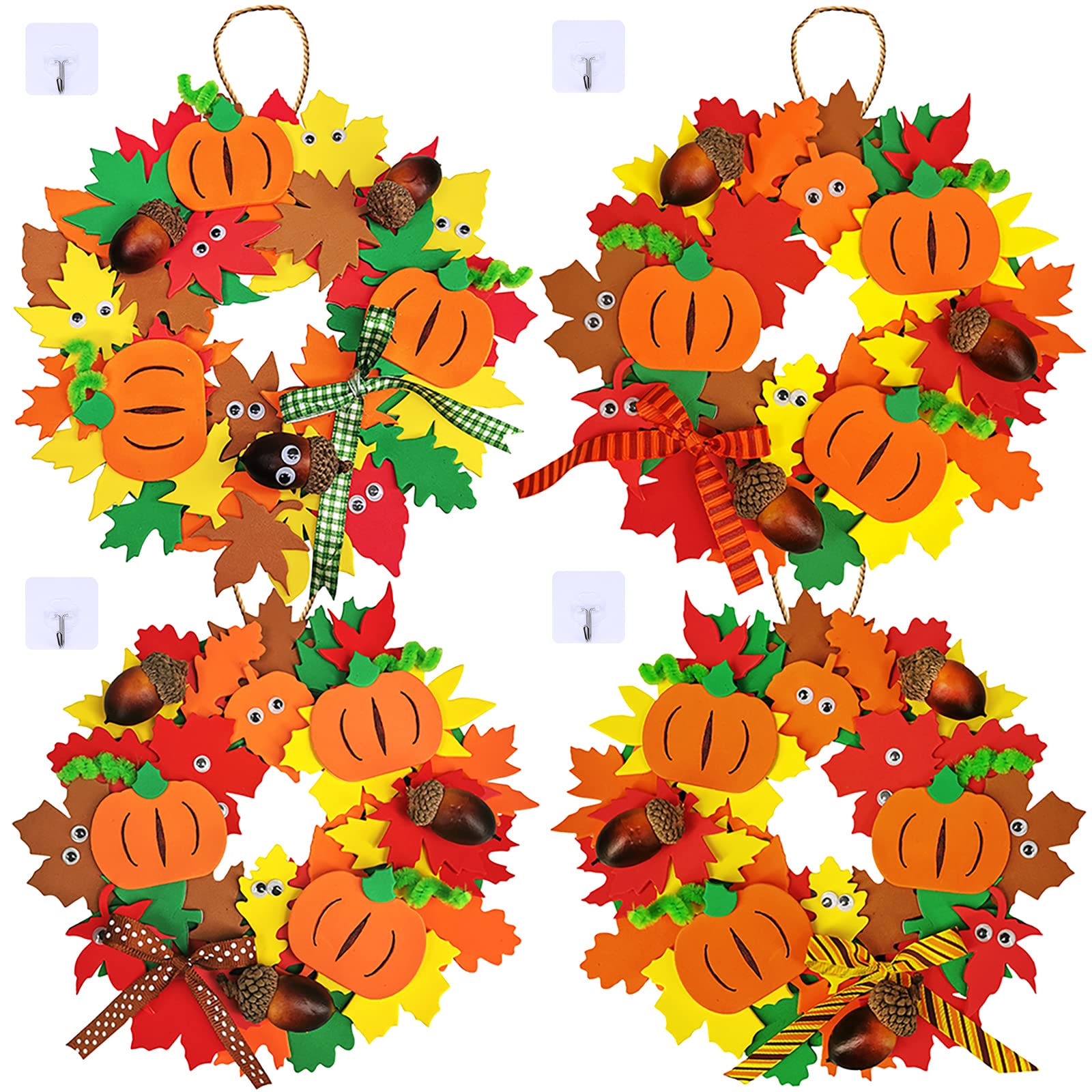 Photo 1 of Supla 12 Kits 3D Pumpkin Fall Leaf Wreath Craft Kit DIY Thanksgiving Wreath with Maple Leaves Acorns Bows Wiggle Eyes for Kids Crafts Fall Thanksgiving Halloween Seasonal Decoration