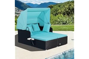 Tangkula Patio Rattan Daybed with Retractable Canopy, Patiojoy Wicker Sun Lounger with 2 Foldable Side Panels, Thick Seat & Back Cushions, for Garden, Backyard, Porch (Turquoise)