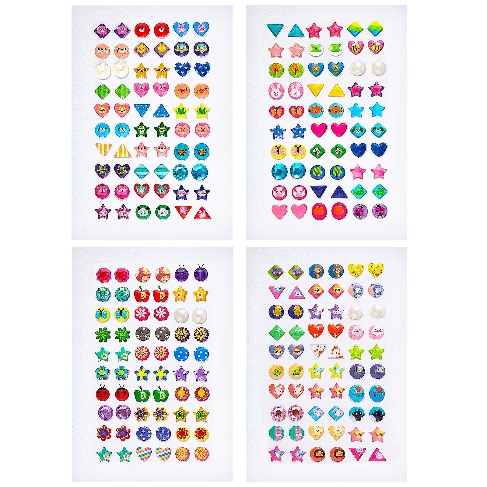 SAVITA 240 Pcs Stick on Earrings 3D Gem Stickers Glitter Sparkle Crystal Stickers Sticker Earrings Puffy Stickers for Girls Kids Children Multiple Colors & Shapes for Craft Scrapbooking (4 Sheet)