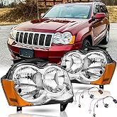 Headlights Assembly Pair for 2008 2009 2010 Jeep Grand Cherokee Halogen Headlamps Head Lights Replacement Left Driver and Right Passenger Side,Include Wiring Harnesses,Chrome Housing Amber Reflector