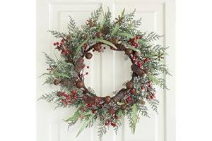 Hometrance Christmas Wreaths for Front Door 20 Inches, Xmas Farmhouse Winter Wreath with Bells Red Berry for Window Outdoor Outside, Artificial Holiday Rustic Wreath for Indoor Porch Decor