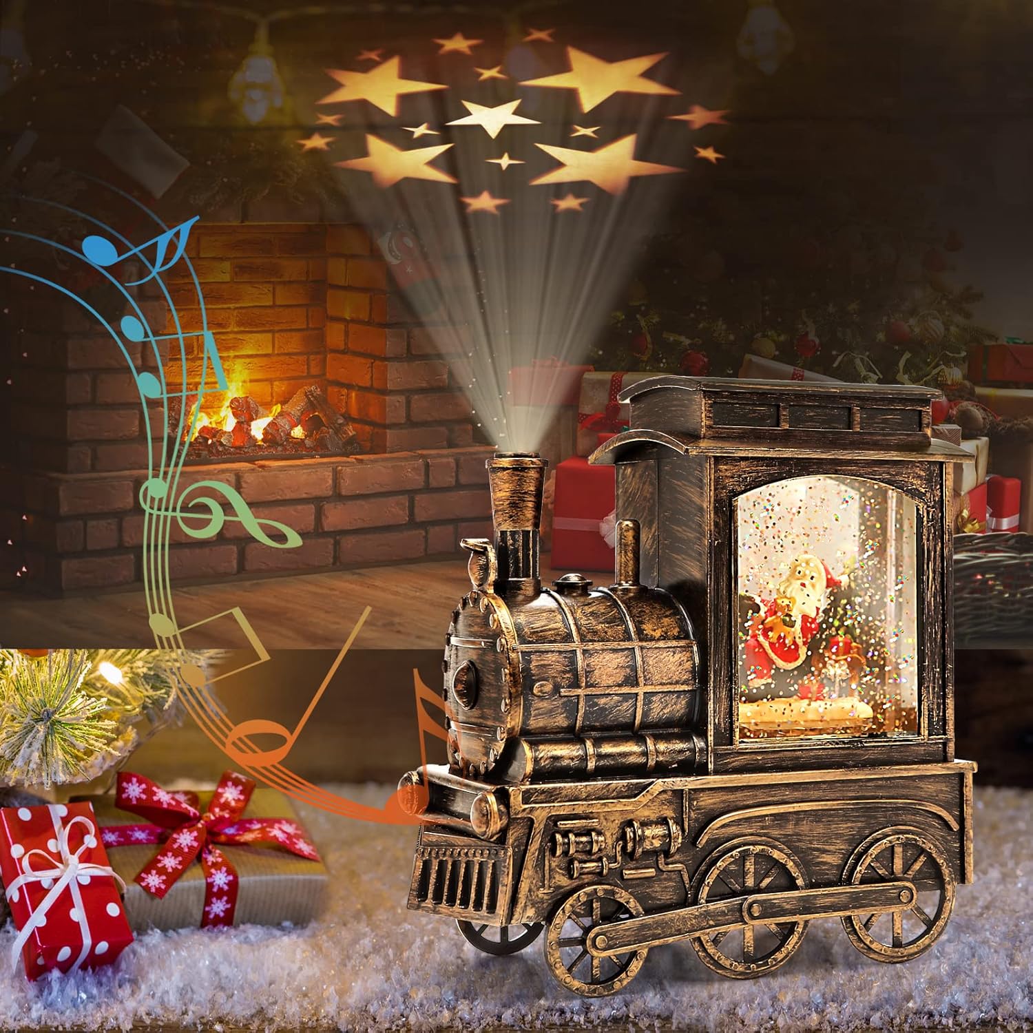 Snow Globes - Snow Globes Christmas with Music & Projection, Xmas Musical Snow Globe Christmas Lantern Train with Water Swirling Glitter, USB & Batteries Operated Light Decoration Gift for Kids Friends (Santa)