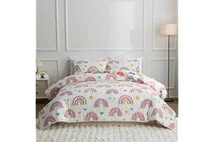 Btargot Lightweight Soft 3 Piece Rainbow Comforter Set with 2 Pillow Covers, Cartoon Love Hearts Suns and Stars Bedding Set for Girls Boys Kids, Queen Purple
