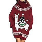 Jumppmile Womens Ugly Christmas Xmas Oversize Turtleneck Pullover Sweater Dress with Pockets