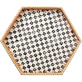 Tynulox Hexagon Rattan Tray with Mother of Pearl Inlay, Rattan Serving Tray for Coffee, Bread, Fruits, Snacks, Decorative Wicker Tray for Table Decor, Home Decor (Black Checker, 14.5"×12.8")