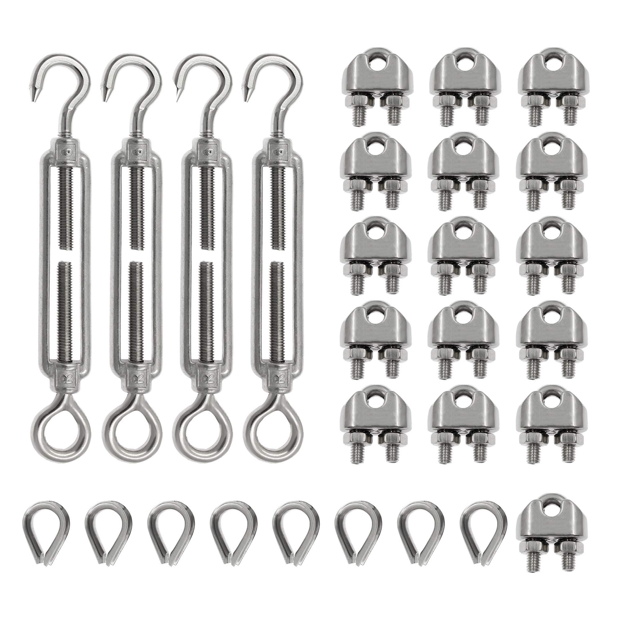 PHITUODA 4pcs M6 Stainless Steel 304 Hook & Eye Turnbuckles Adjustable Wire Rope Tensioner, 16 Pcs M3 Wire Rope Clamp/Clip and 8 Pcs M3 Thimble, Heavy Duty Cable Railing Kit