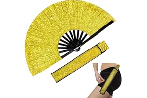 dmjuncong Large Folding Shiny Rave Fan,Clack Handheld Fan with Leg Strap and Fabric Case Bag,for Festivals,Carnival,Rainbow Outfits,Disco Party,Home Decoration and many occasions.Gold