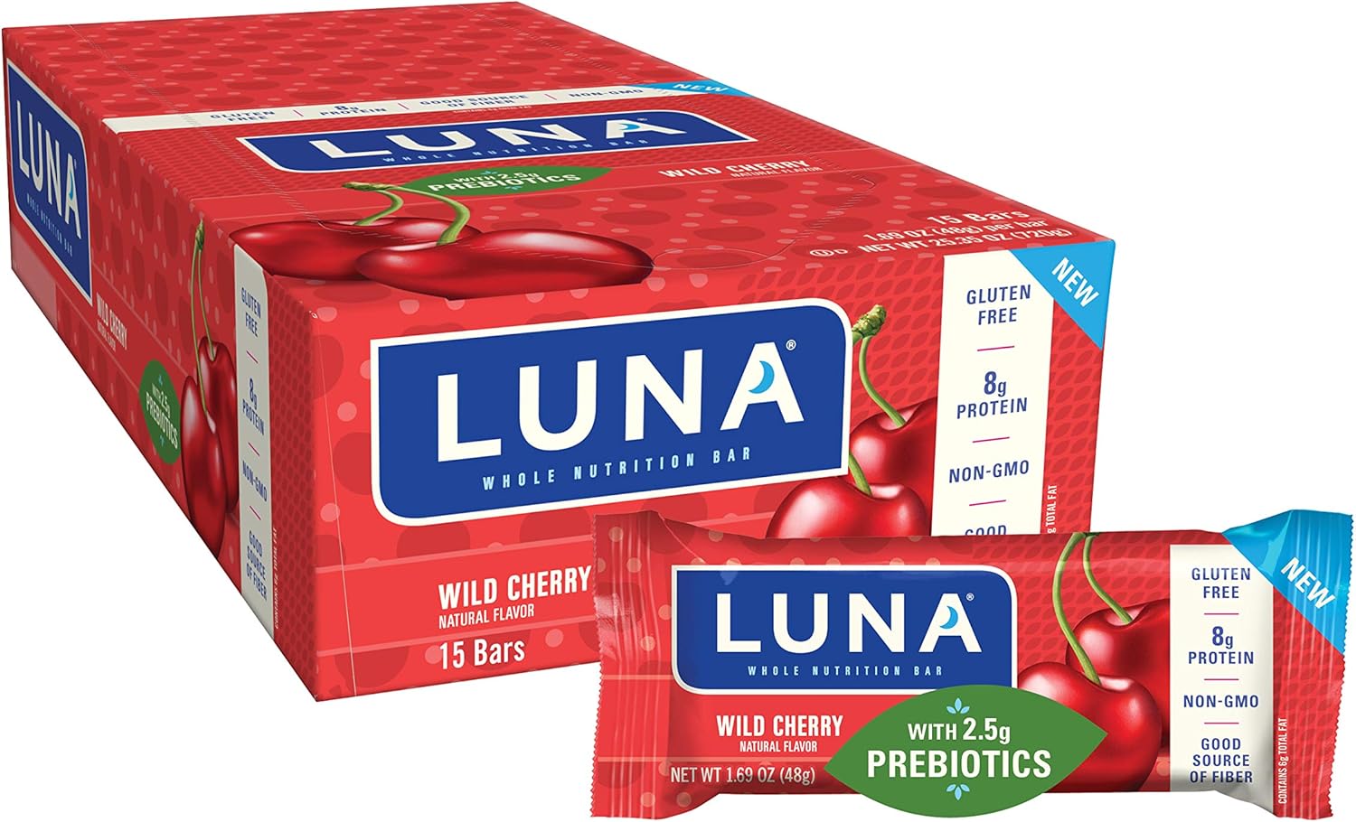 New - Luna BAR - Gluten Free Snack Bars - Wild Cherry - 8g of Protein - Non-GMO - Prebiotics - (1.69 Ounce Snack Bars, 15 Count)