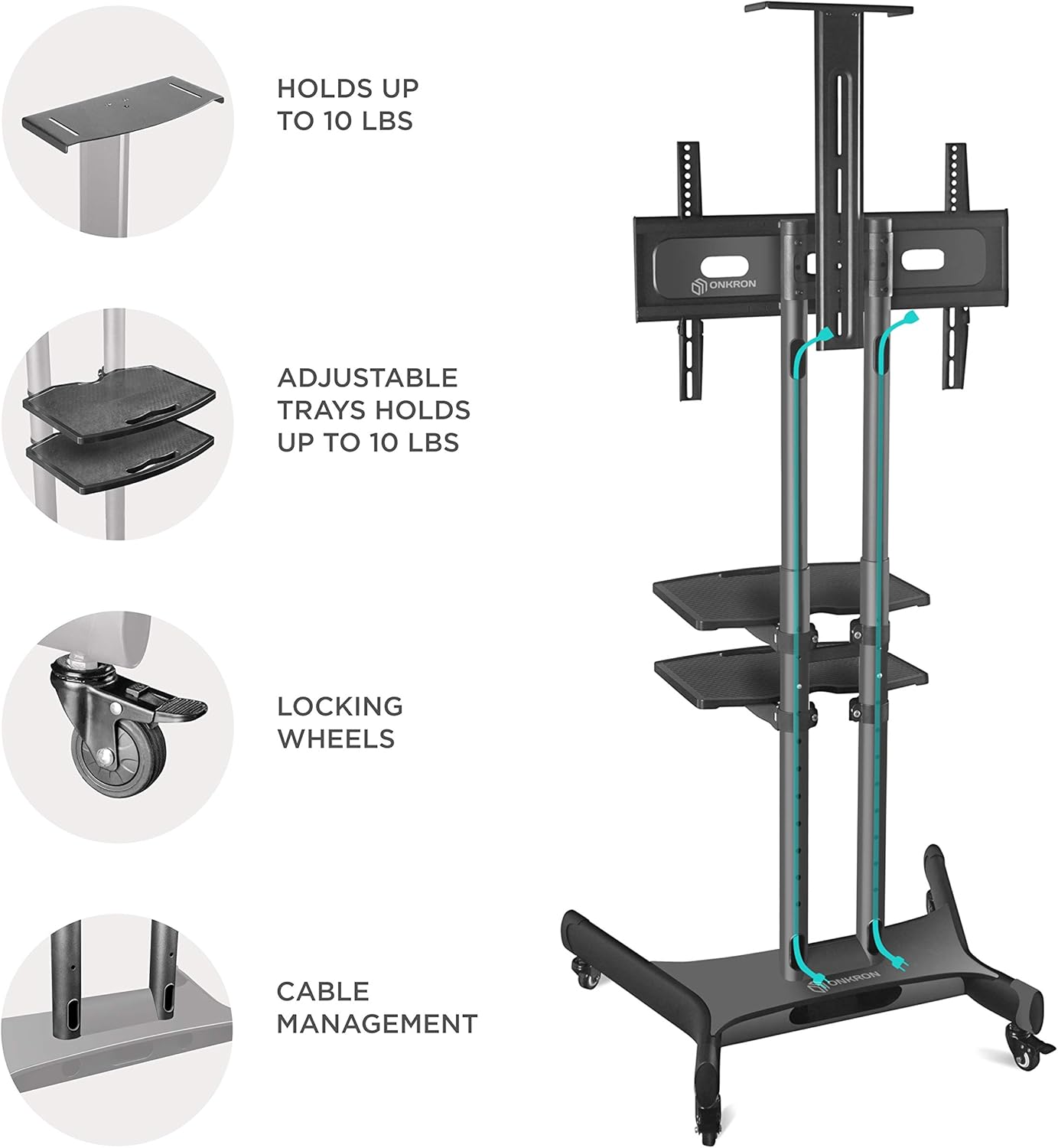 ONKRON Mobile TV Stand TV Cart with Wheels & 2 AV Shelves for 32” – 65 inch LCD LED OLED Flat Panel Plasma Screens up to 100 lbs Black TS1552: Electronics