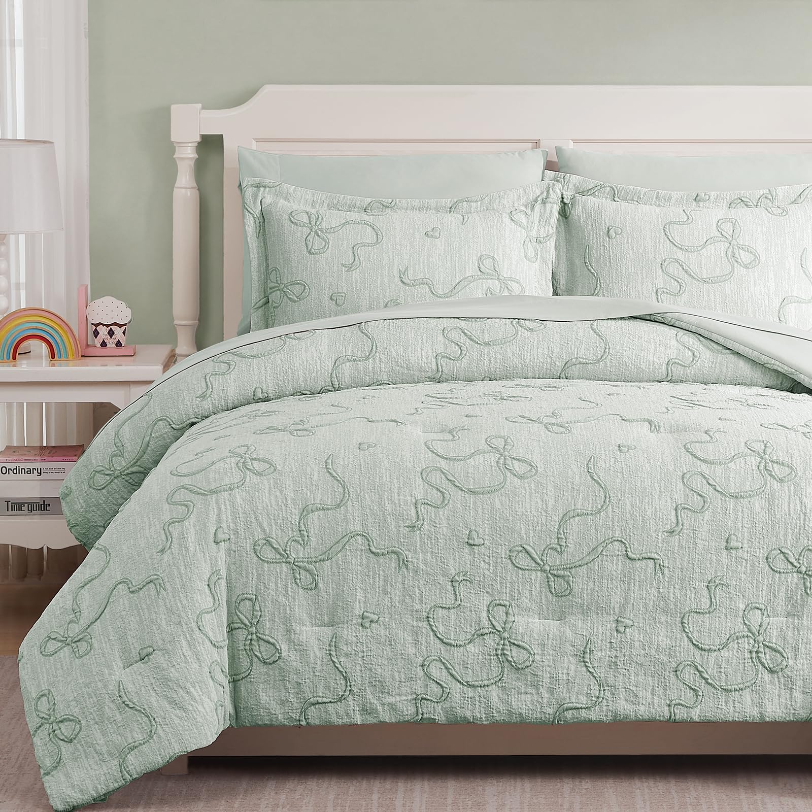 Geniospin Light Green Twin Comforter Set for Girls- 5 Pieces Bowknot Jacquard Bed in A Bag Twin Bedding Sets with Sheets, Pillowcases & Shams, All Season Kids Comforter Set
