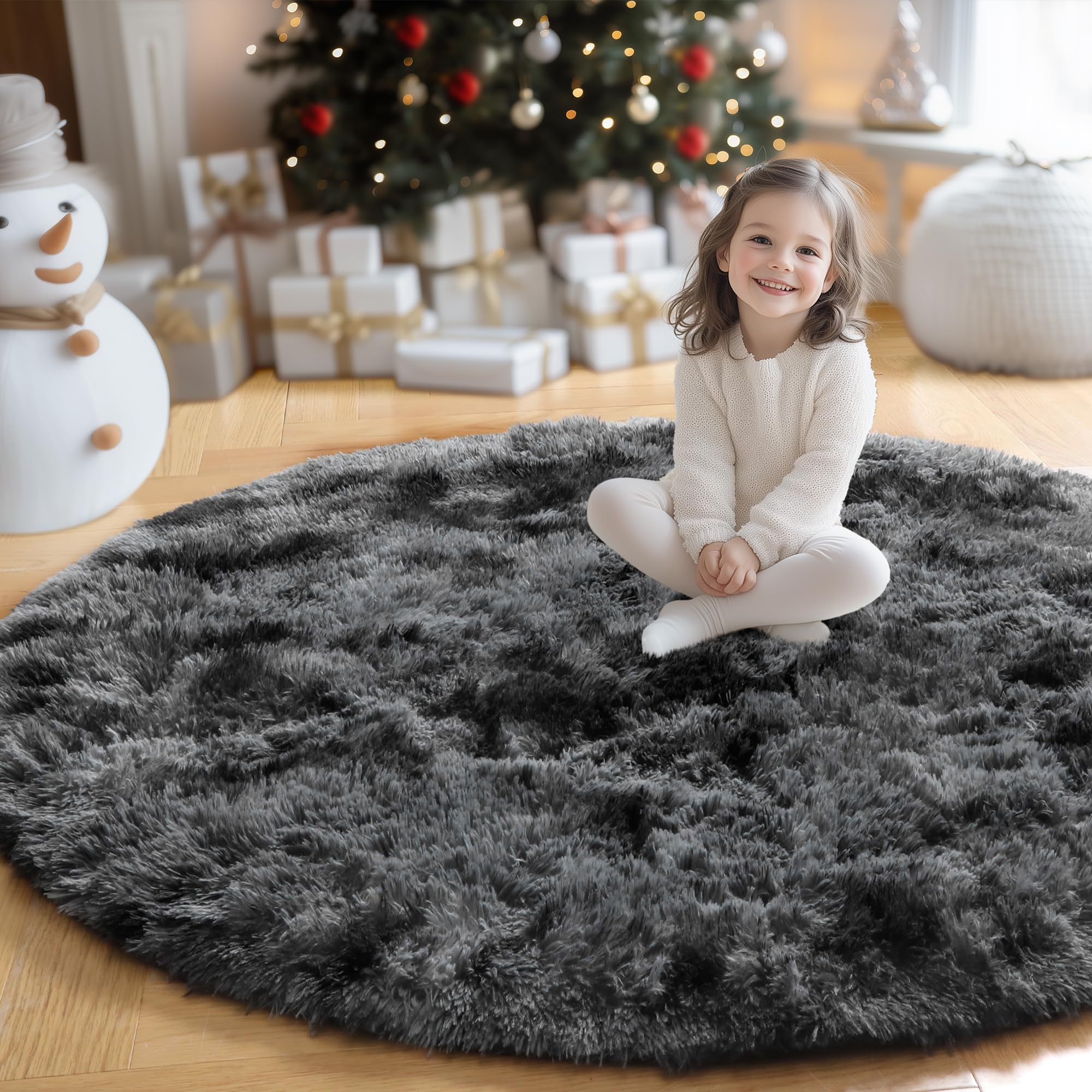 Amdrebio Tie-Dyed Dark Grey Round Area Rugs for Living Room, 7x7 Rug, Soft Thick Large Circle Rug for Bedroom, Big Shag Fluffy Plush Carpet for Mens Boys Kids Room, Modern Cool Furry Circular Rug Image