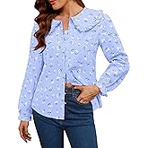 LOOKBOHO Women Spring Long Sleeve Shirts Peter Pan Collar Button Down Puff Sleeve Blouse Lightweight Casual Cotton Tops