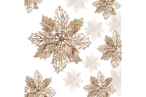 Wironlst 16 Pcs Glitter Poinsettia Flowers Artificial - Christmas Champagne Poinsettia Decorations Tree Flowers Ornaments for Xmas/Holiday/Seasonal/Wedding Decor