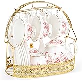 fanquare Vintage Porcelain Tea Set with Holder, 22 Piece Red Floral New Bone China Tea Coffee Gift Sets for Wedding Birthday, 6 Tea Cup and Saucers for Women Tea Party