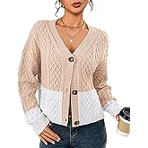 BB&KK Cropped Cardigan for Women Fall Color Block Button Up 2025 Long Sleeve Chunky Knit Open Front Sweater Outfits