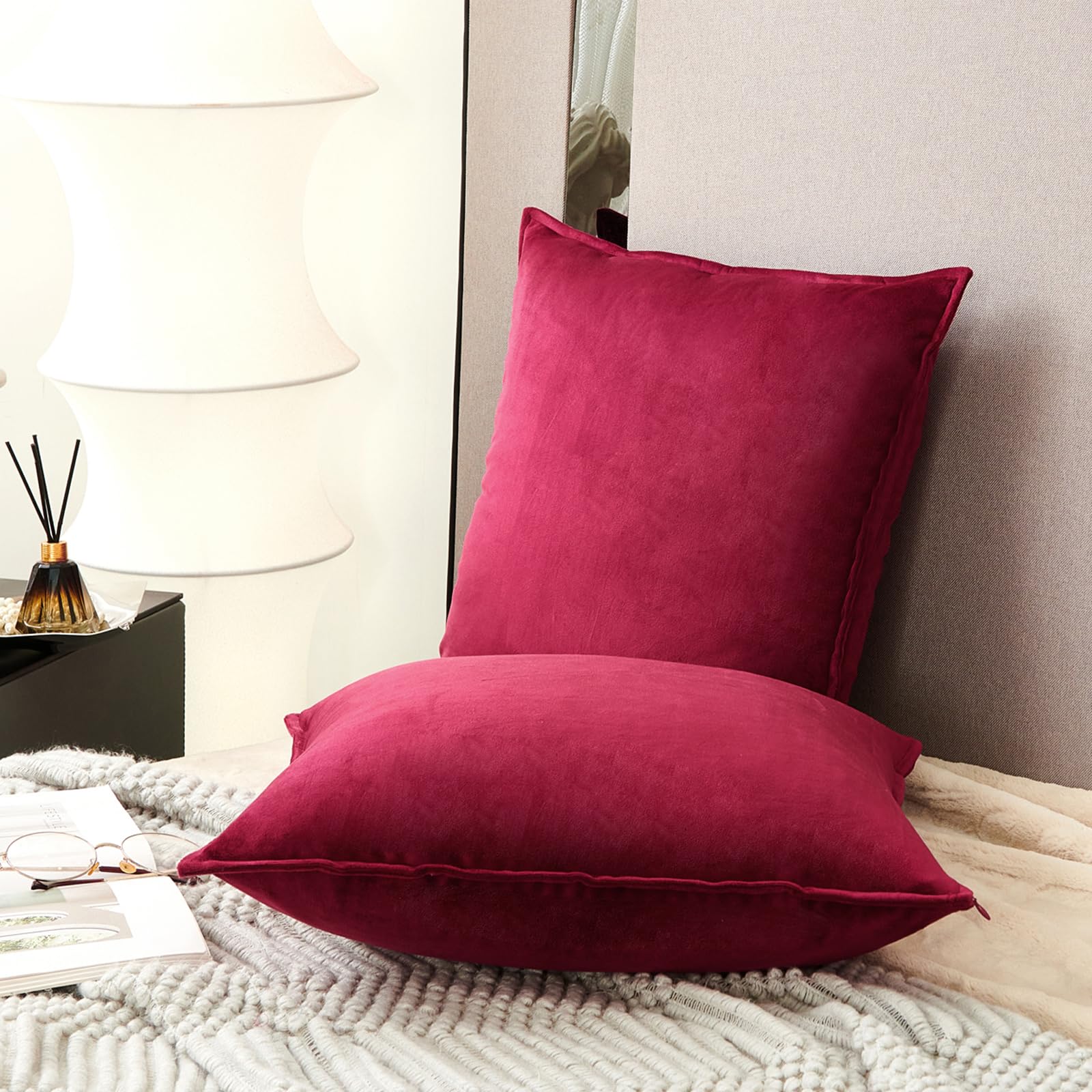 Photo 1 of HYSEAS Set of 2 Cozy Velvet Square Decorative Throw Pillow Covers, Solid Soft Cushion Cases for Couch Sofa Bed Livingroom Car, Burgundy, 18 x 18 Inches