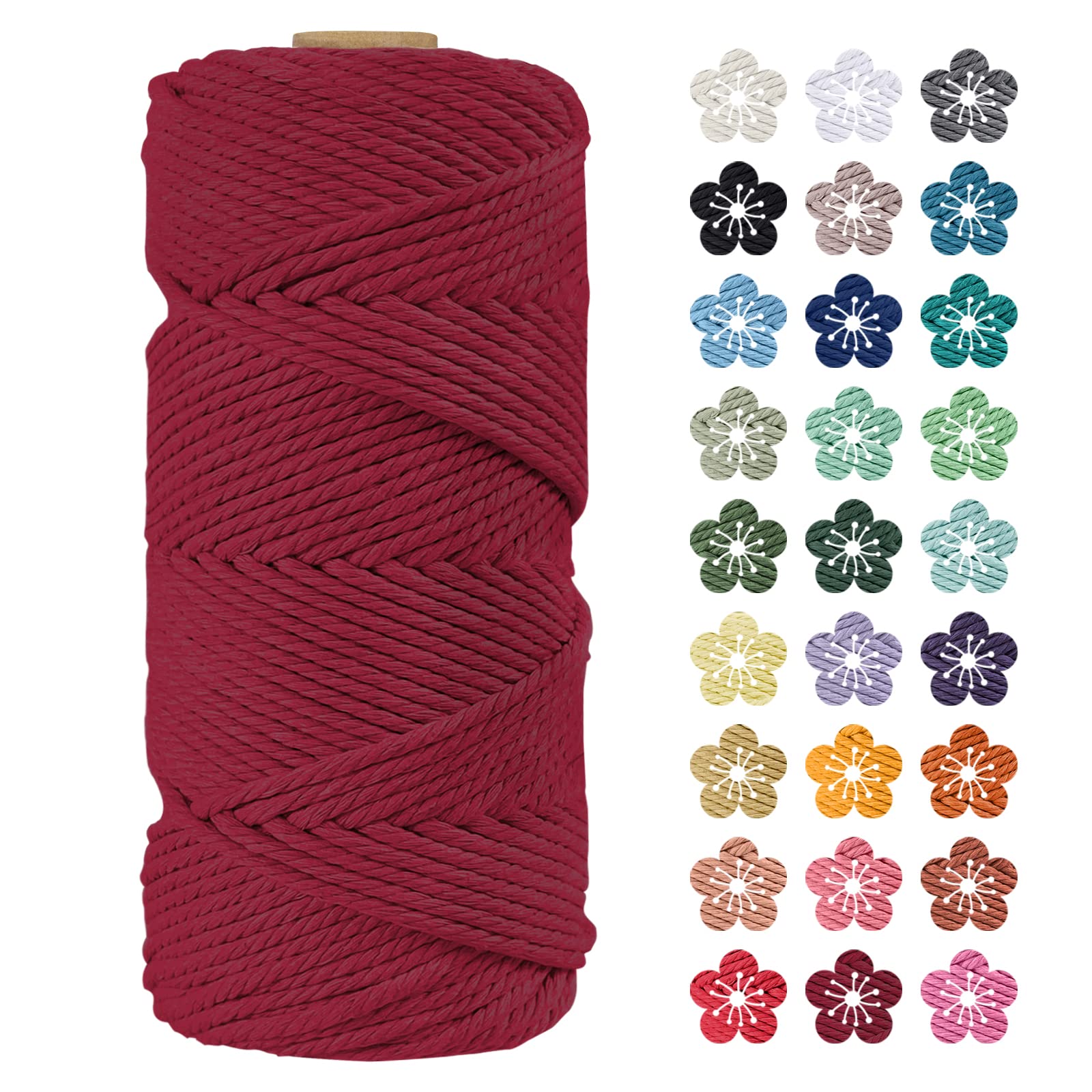 LEREATI Macrame Cord 4mm x 100m, Thick Macrame Rope Natural Cotton Rope Craft String, 4 Strand Twisted Cotton Cord Yarn for DIY Plant Hanger, Wall Hanging, Christmas Decoration (Wine red)