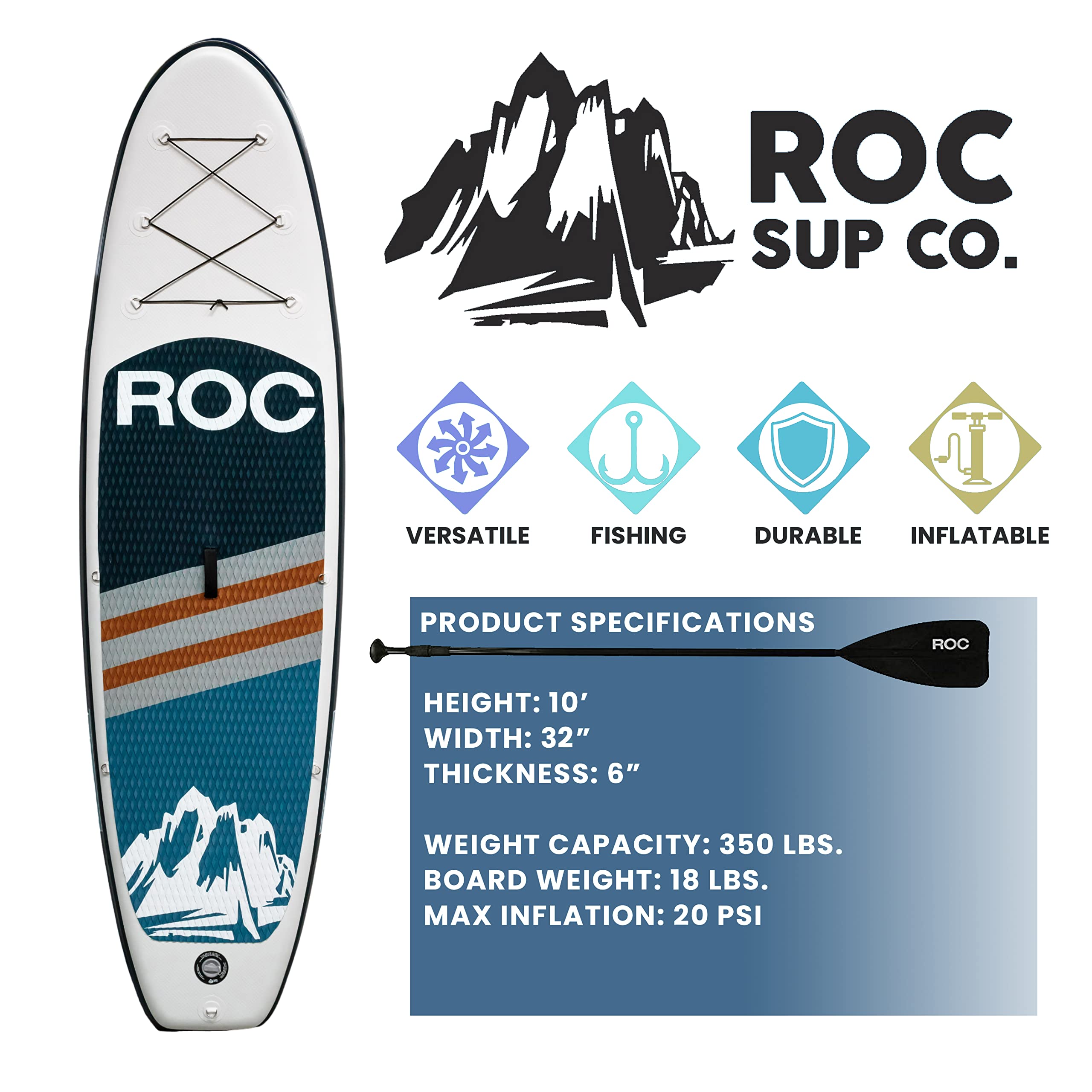 Roc Inflatable Stand Up Paddle Boards with Premium SUP Paddle Board