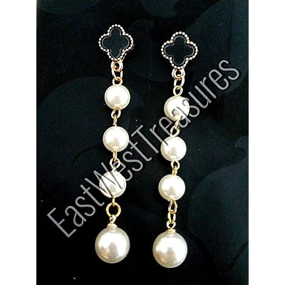 Long Ball Pearl drop four leaf clover earrings for women-Four leaf clover jewelry gifts