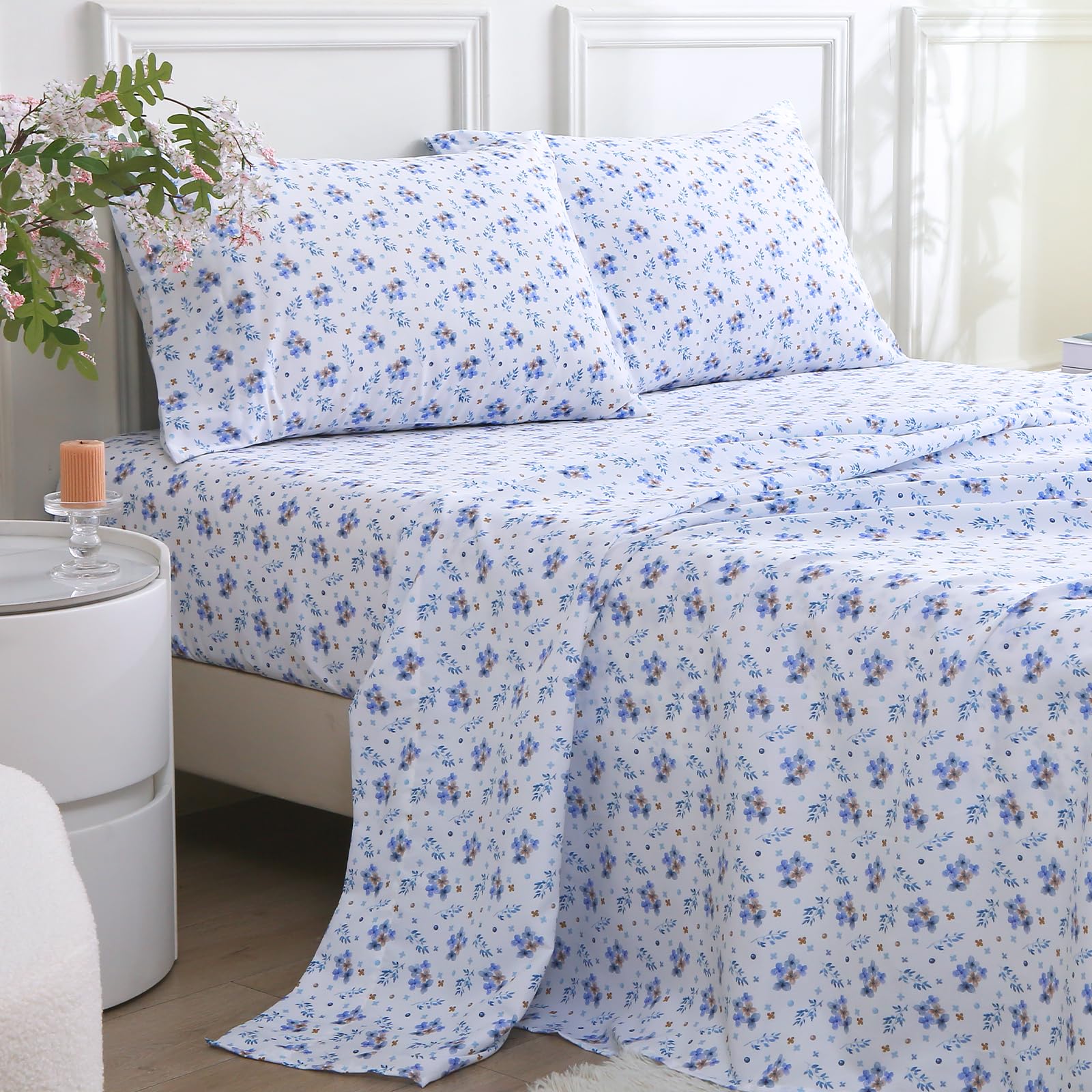 MUXHOMO King Size 4 Piece Sheet Set, Soft & Breathable Sheet for Bedroom with Deep Pocket Up To 16", Wrinkle-Free & Cooling Bed Sheets with Flat Sheet, Fitted Sheet & Pillowcases - Shattered Bluebells