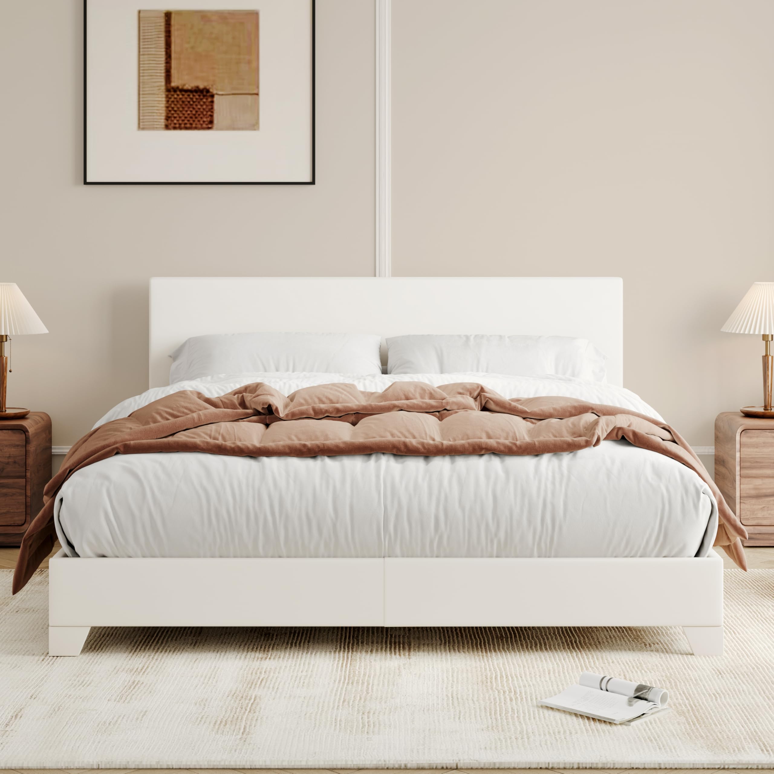 Allewie Queen Size Bed Frame with Adjustable Headboard, Faux Leather ...