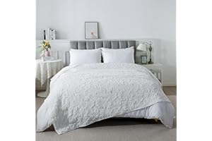 Caressma White Bedding Coverlet Queen Size (90” x 90”), Boho Design with Softness 3D Decorative Jacquard Weaved Quilt, Farmhouse Floral Bedspread for Bedding
