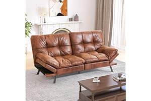 Hcore Futon Sofa Bed, Memory Foam Futon, Standard Brown Leather Sleeper Sofa Loveseat Convertible Couch Bed for Small Compact Living Spaces,Apartment