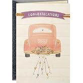 Hallmark Wedding Card for Couple (Congrats!) Bridal Shower, Engagement | Pink Car and Floral Artwork, Foil Accents, Coordinating Envelope Included, High Quality Paper Stock, 5 X 7.2 in, Single Card