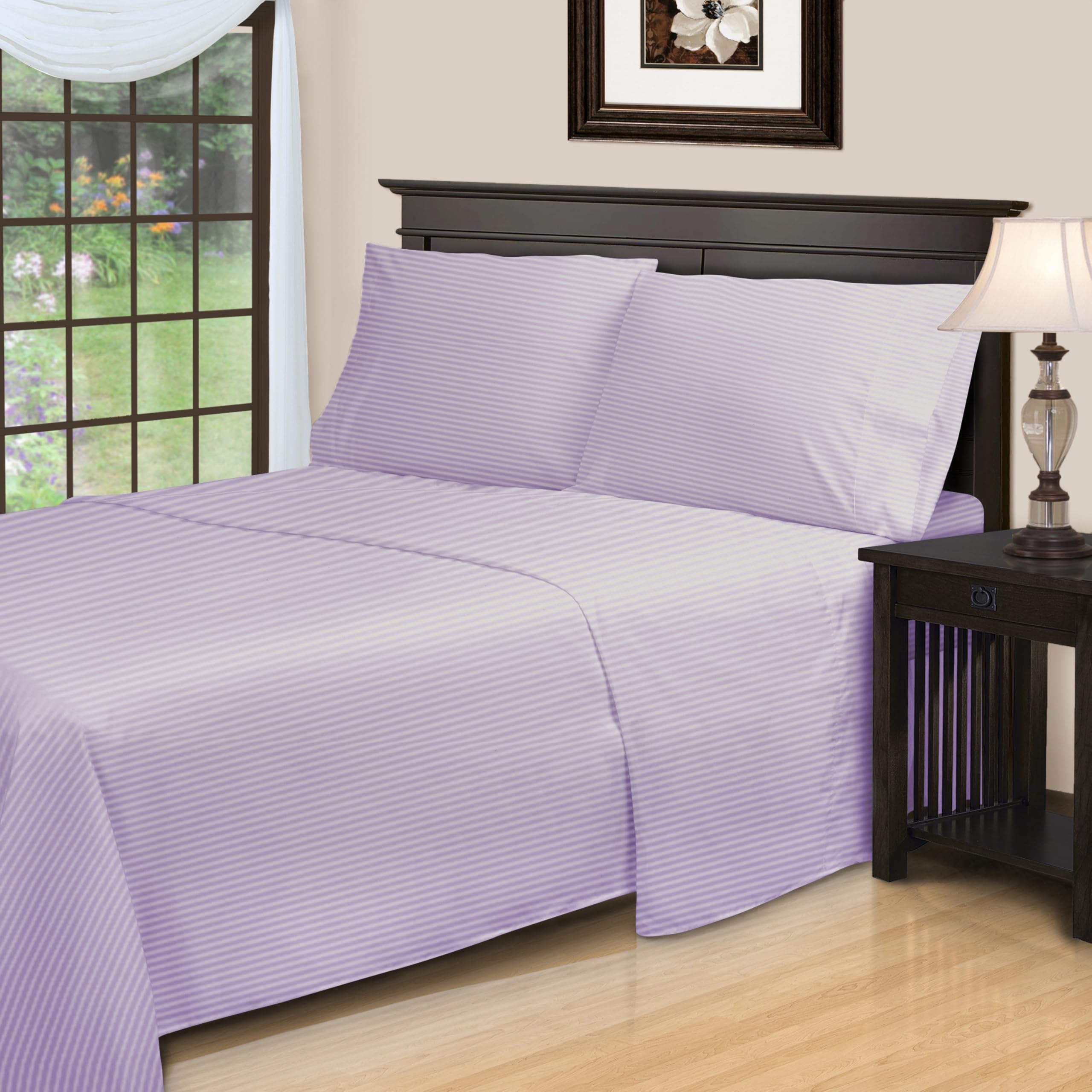 Superior Egyptian Cotton 300 Thread Count Bed Sheet Set, 1 Elastic Deep Pocket Fitted Sheet, 1 Flat Sheet, 2 Pillowcases, Daily Sheets, Luxury Home Essentials, Striped, King, Lavender