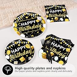 Grencian 96 Pcs Black and Gold Happy Birthday Party