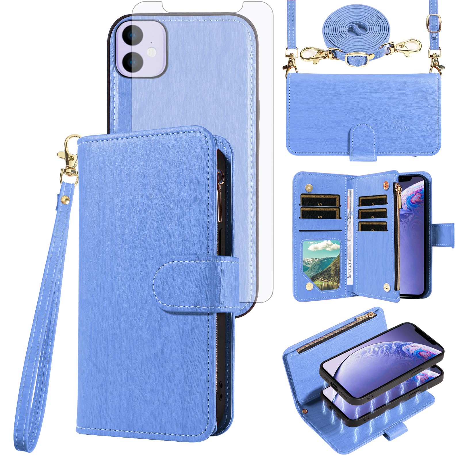 Photo 1 of Asuwish Phone Case for iPhone 11 6.1 Zipper Wallet Magnetic Detachable Cell Cover with Tempered Glass Screen Protector Crossbody Strap Card Holder iphone11case iPhone11 i Phone11 11s XI 11R Women Blue