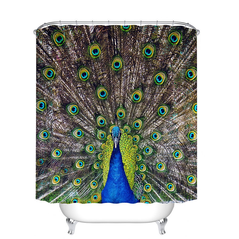 Fangkun Peacock Decor Shower Curtain Set - Portrait of Male Peacock with Feathers Out Picture Design Curtains - Polyester Fabric Waterproof Bath Curtains - 12 pcs Hooks - 72 x 72 inches
