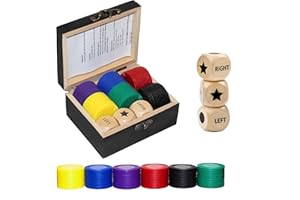 Aikgidtt Left Right Roll Dice Game Set - 3 Wooden Dice & 72 Chips in Wooden Box | Portable Travel Party Game for Family, Friends, Adults (Black)