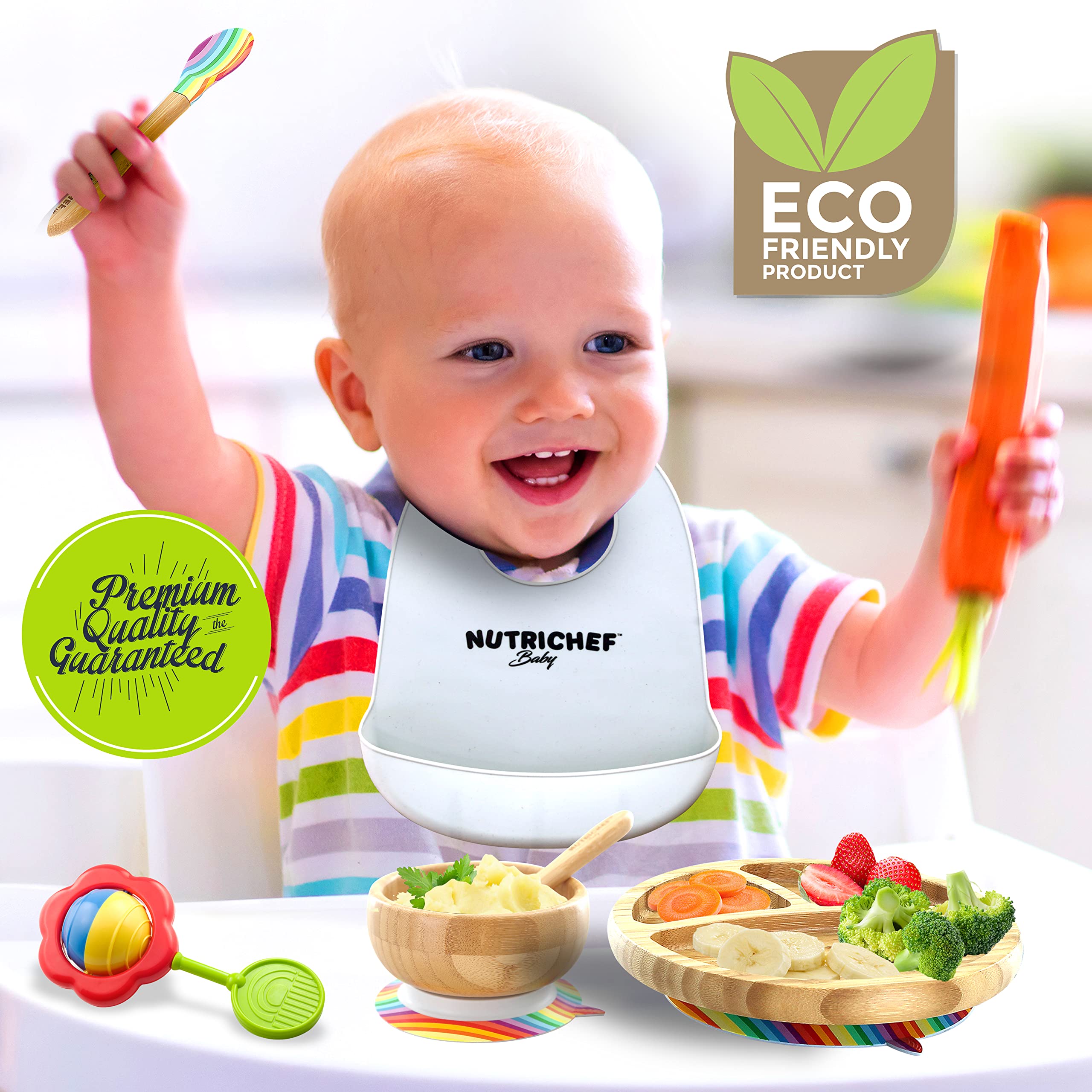 Nutrichef Baby and Toddler, 3 compartment plate, bowl, and spoon feeding set- silicon suction, Non-toxic all natural Bamboo baby food plate with silicon bib