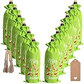 EVRWO Burlap Wine Bag Green Christmas Wine Bag 12 Pcs Wine Bottle Bags With Drawstrings Tags & Ropes for Holiday Weedings Party, Birthdays, Travel, Blind Tastings, Home Storage Reusable