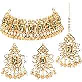 Aheli Kundan Dangling Pearls Necklace Earring Maangtikka Bharatanatyam jewellery set Gift for Women