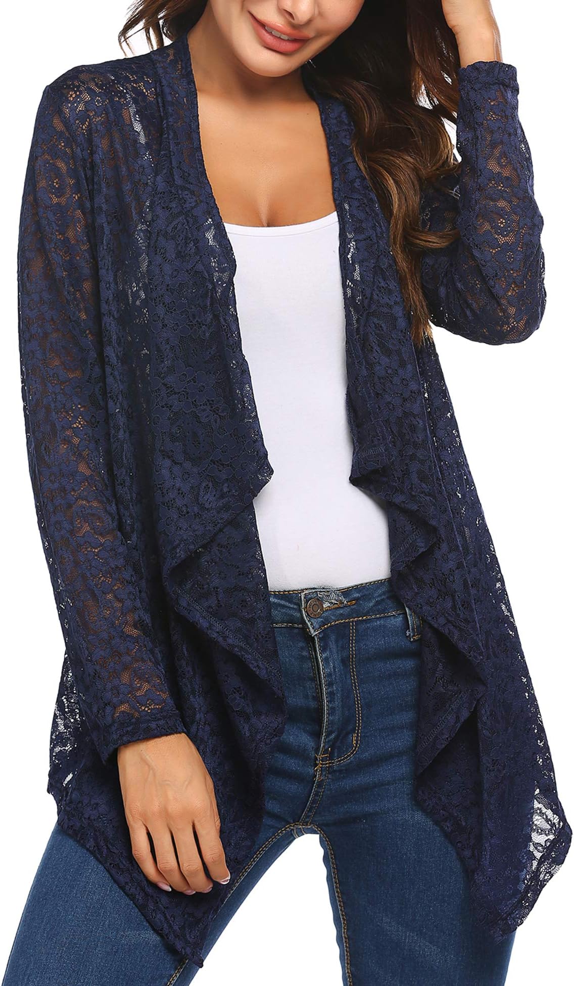 Deawell Women's Bell Sleeve Open Front Cardigans Lace Crochet Loose Casual Cover Up