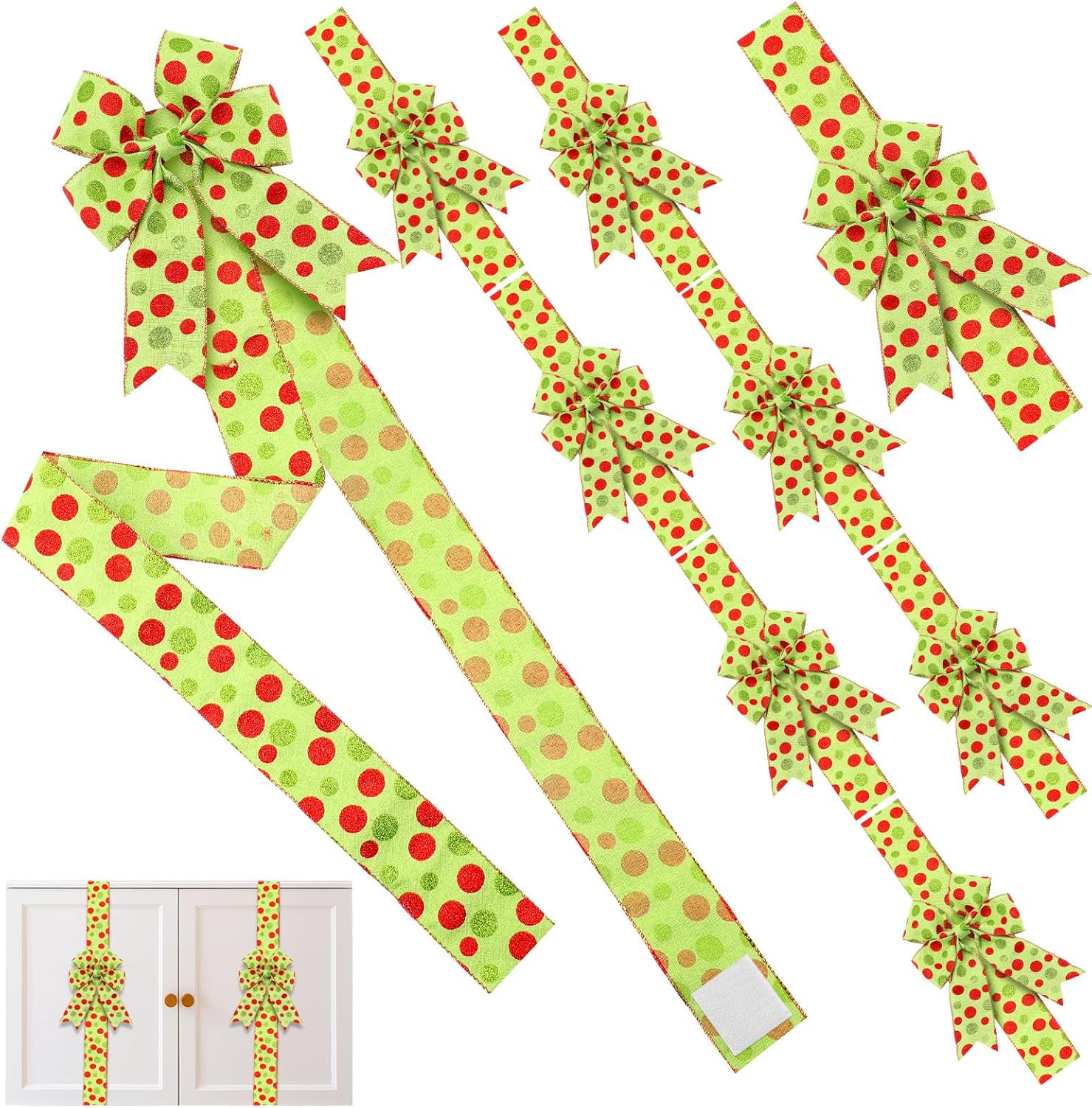 Bows & Ribbons - Hotop Set of 8 Christmas Cabinet Ribbon Bows with Pin Christmas Hanging Decoration Christmas Cabinet Door Bows for Kitchen Cabinets Christmas Festive Party Supplies (Red Green Dot,Polyester)