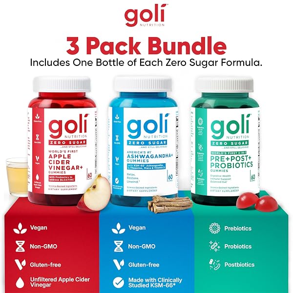 GOLI ZERO SUGAR TRIO – WORLD’S FIRST 3-IN-1 PRE, POST, PROBIOTIC, APPLE CIDER VINEGAR WITH VITAMIN B12 AND PROBIOTICS, ASHWAGANDHA & L-THEANINE, VITAMIN D GUMMIES, 90 COUNT (3-BOTTLE SET)
