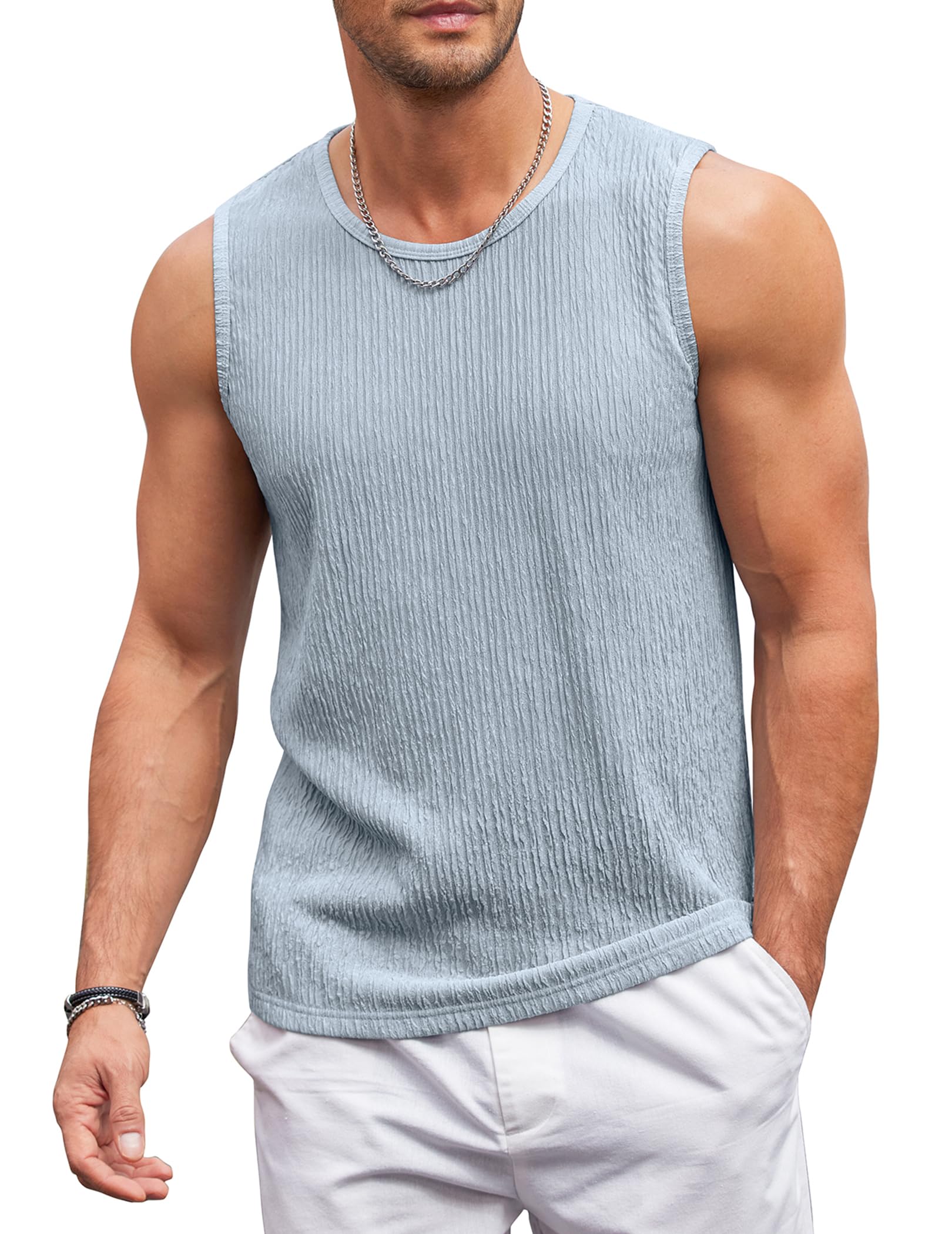 Photo 1 of COOFANDY Casual Tank Shirts for Men Knitted Tank Top Sleeveless Beach Shirt Round Neck Light Blue