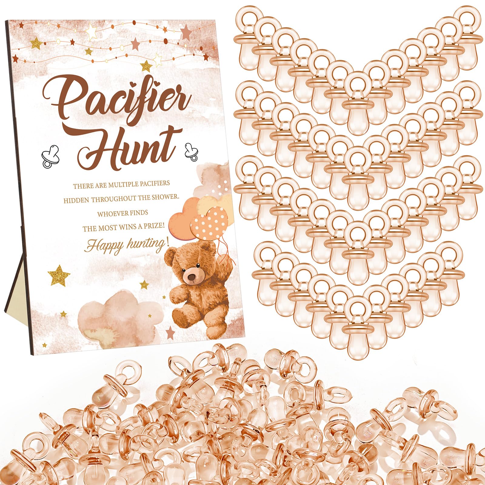 Photo 1 of Thyle 51 Pcs Pacifier Hunt Baby Shower Games Include Hunt Sign and 50 Acrylic Pacifiers for Baby Shower Game Decoration Gift Sets Gender Reveal Party Decor(Brown Bear)