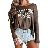Women Champagne Please Graphic Sweater Casual Slogan Round Neck Long Sleeve Loose Pullover Top