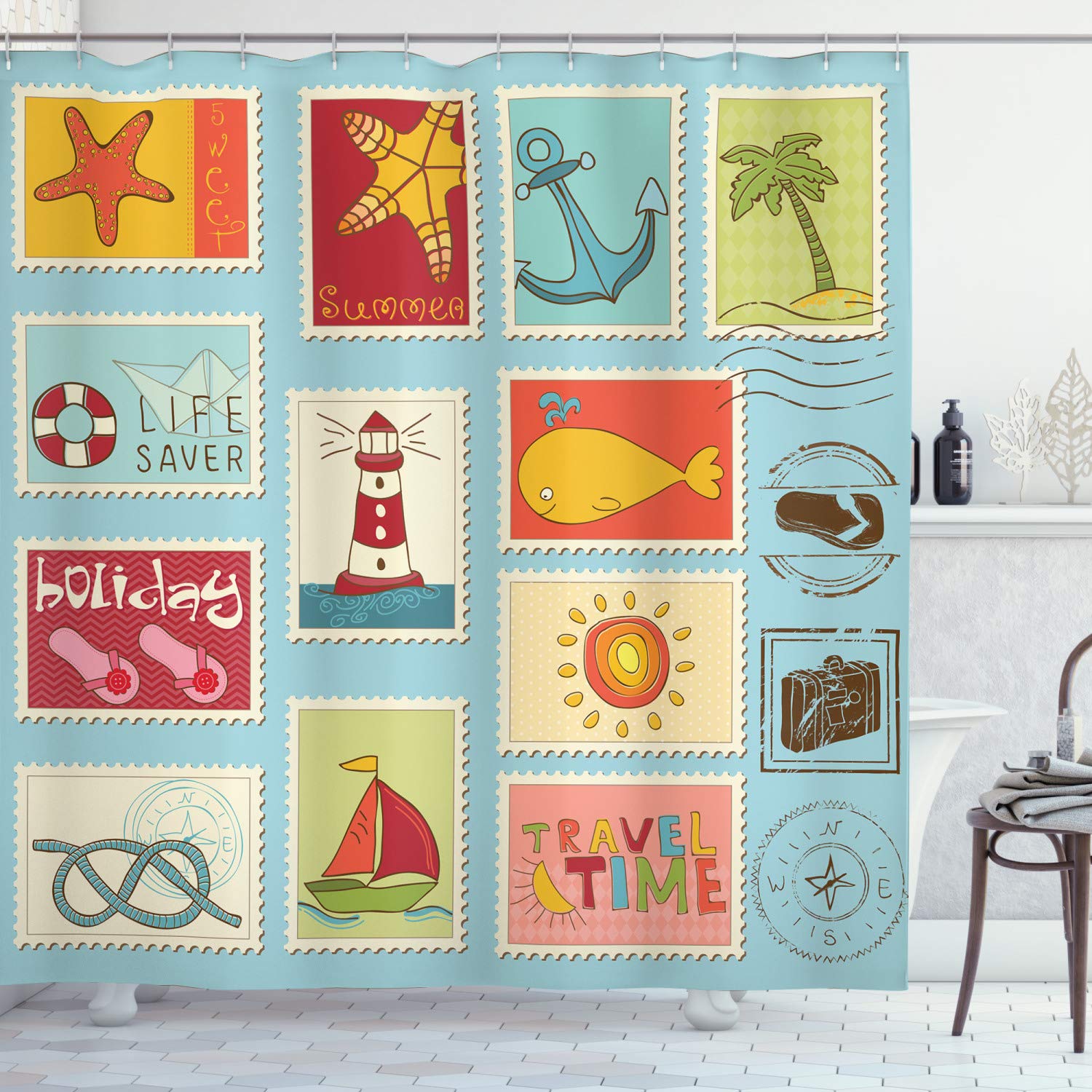 ABAKUHAUS Seascape Shower Curtain, Nautical Theme Lighthouse and Anchor Palm Trees Beach Sailing Holiday Lover, Cloth Fabric Bathroom Decor Set with Hooks, 78 Inches, Multicolor